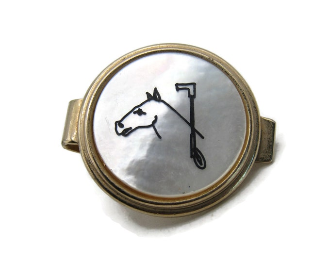 Round Mother Of Pearl Horse Head And Polo Mallet Tie Clip Tie Bar Gold Tone