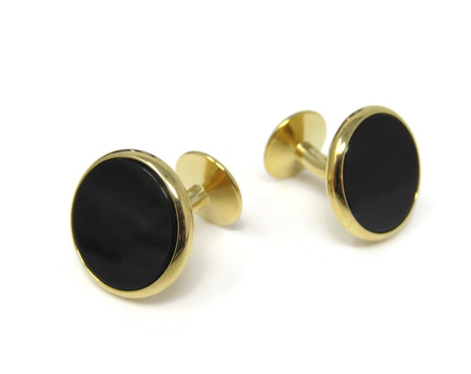 Vintage Cufflinks for Men: Black Center Gold Tone Border Fixed Post Design