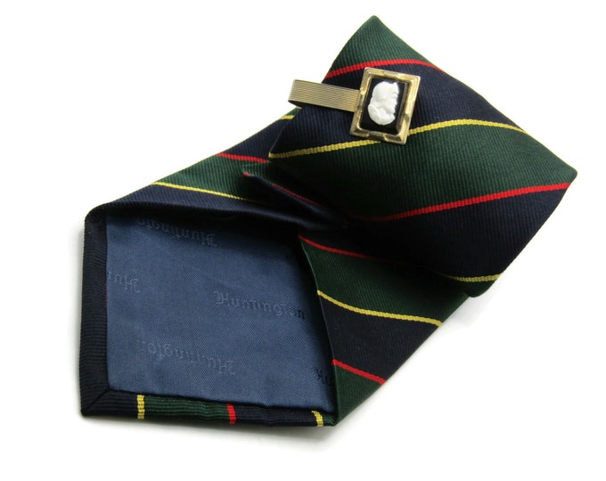 Green And Blue Diagonal Stripe Tie With White And Black Stone Roman Head Tie Clip Tie Bar Gold Tone