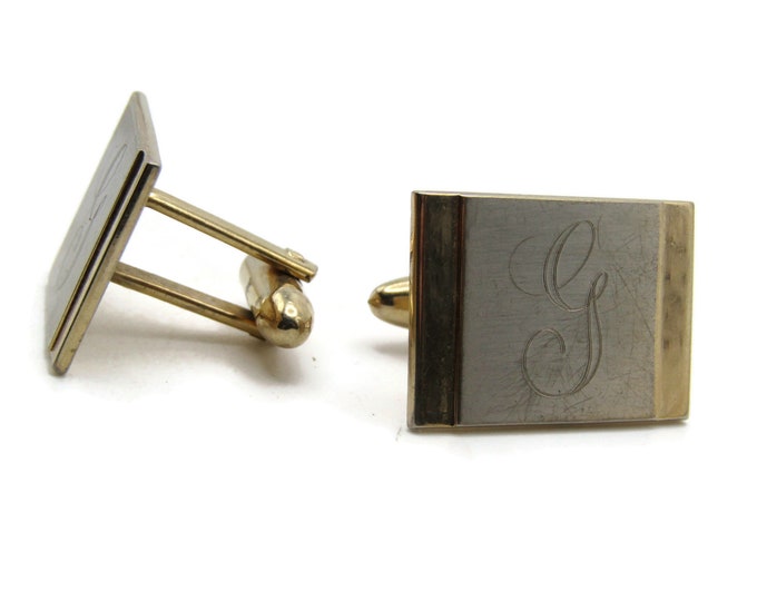 Etched G Letter Initial Monogram Silver Tone Front Cuff Links Men's Jewelry Gold Tone