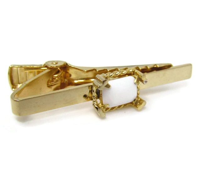 Vintage Tie Clip Tie Bar: White Accent Center Gold Tone Setting