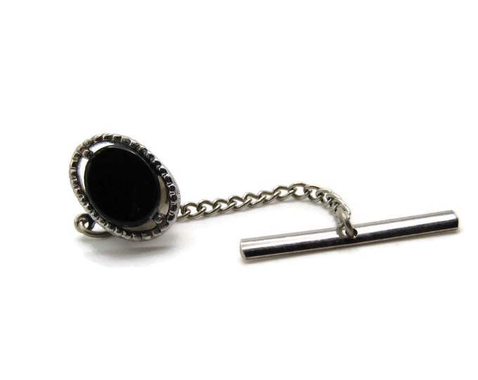 Black Oval Stone Tie Pin And Chain Decorative Edging Men's Jewelry Silver Tone