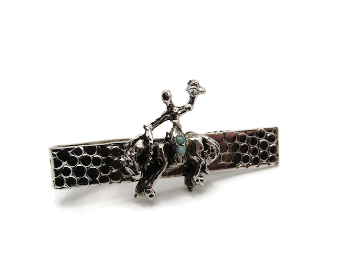 Horse Cowboy Horseback Riding Ranching Sport Blue Stone Inlay Silver Tone Textured Tie Bar Tie Clip Men's Jewelry
