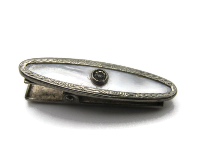 Mother of Pearl with Rhinestone Inlay Oval Shape Silver Tone Tie Clip Tie Bar Men's Jewelry