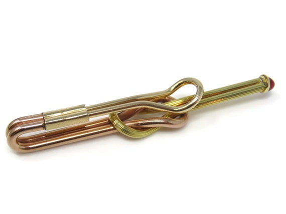 Vintage Gold Tone Interlocking Tie Clip with Red … - image 5