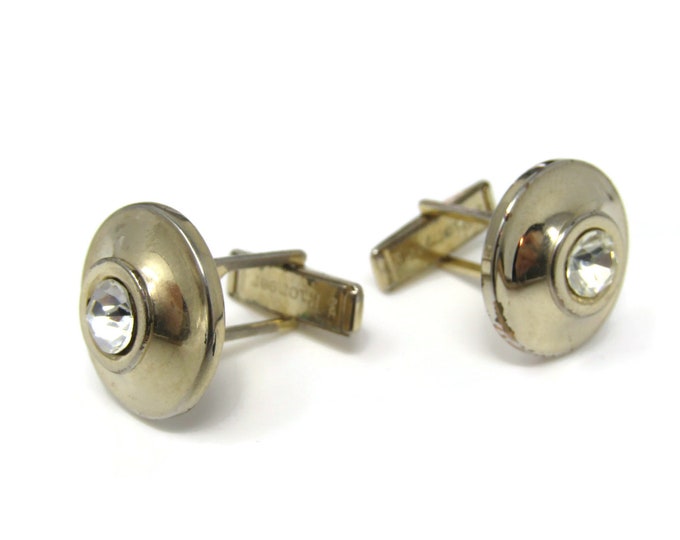 Clear Jewel Center Round Men's Cufflinks: Vintage Gold Tone - Stand Out from the Crowd with Class