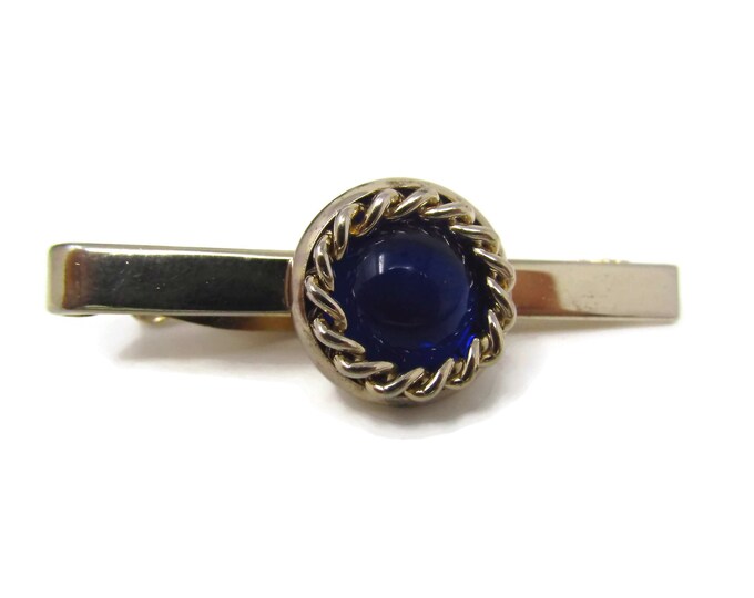 Vintage Tie Clip Tie Bar: Beautiful Blue Center Twist Border Nest Design Gold Tone