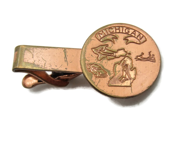 Round Michigan Lettered And Landmarks Tie Clip Tie Bar Men's Jewelry Gold Tone