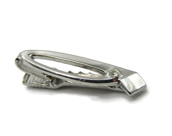Loop Shaped Tie Bar & Rhinestone Inset Silver Tone Tie Bar Tie Clip Men's Jewelry