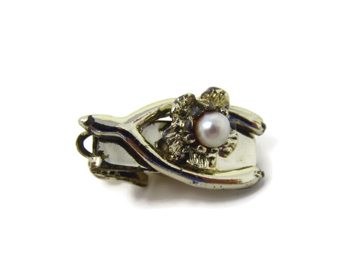 Vintage Tie Clip Tie Bar: Wishbone Faux Pearl Design