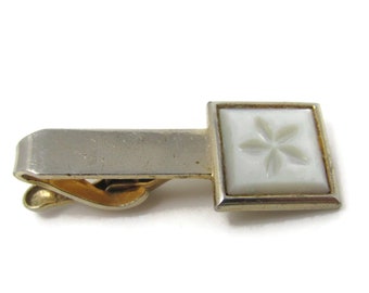 Vintage Mother of Pearl Flower Tie Clip: Gold Tone Tie Bar