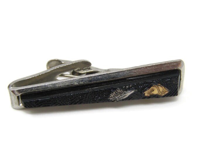 Dog Bird Black Glass Tie Clip Bar Silver Tone Vintage Men's Jewelry Nice Design
