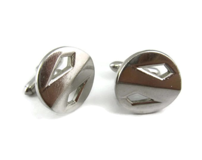 Vintage Cufflinks for Men: Round w/ See Though Diamond Shape Cut Outs Silver Tone