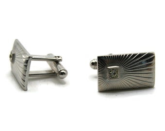 Rhinestone Inlay Rectangle Sunburst Design Cuff Links Men's Jewelry Silver Tone