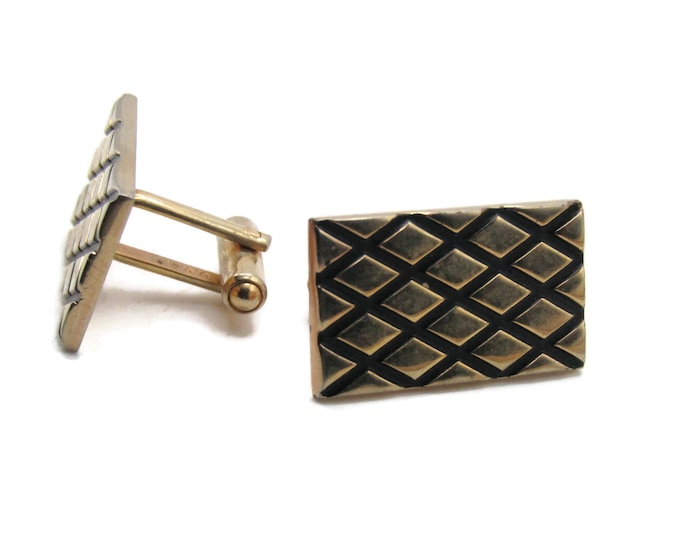 Diamond Patterned Rectangle Cuff Links Men's Jewelry Gold Tone
