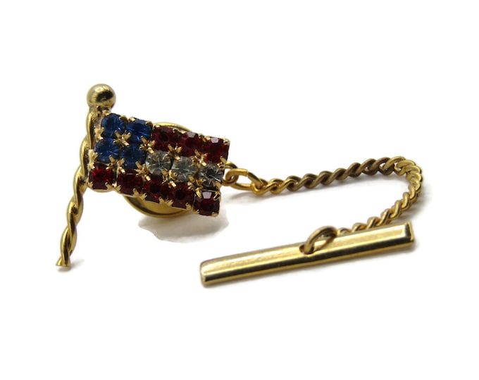 Rhinestone Inlay American Flag Tie Pin And Chain Men's Jewelry Gold Tone