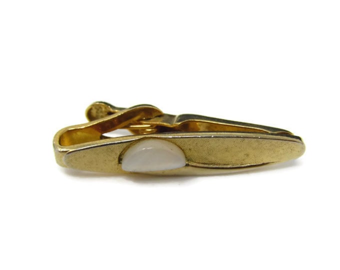 Vintage Tie Bar Tie Clip: White Opalescent Half Circle Accent Modernist Textured Gold Tone Design