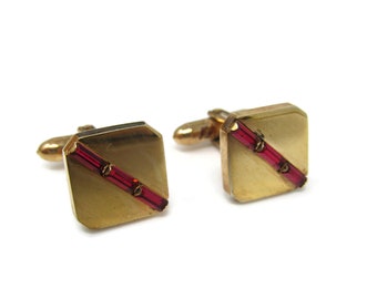 Vintage Gold Tone Cufflinks: Red Jewel Tie Tack Pin