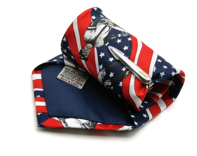 Baseball Player & American Flag Theme Tie With Textured Tapered Edge Tie Clip Tie Bar Silver Tone