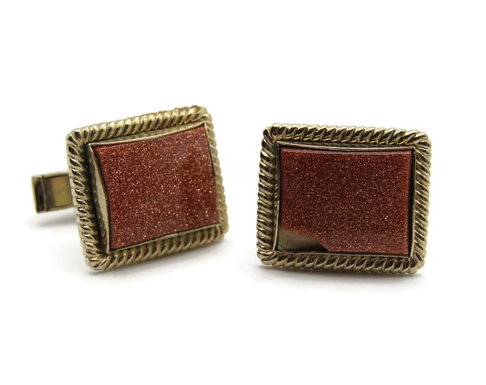 Vintage Cufflinks for Men: Brown Glitter Stone Inlay Gold Tone