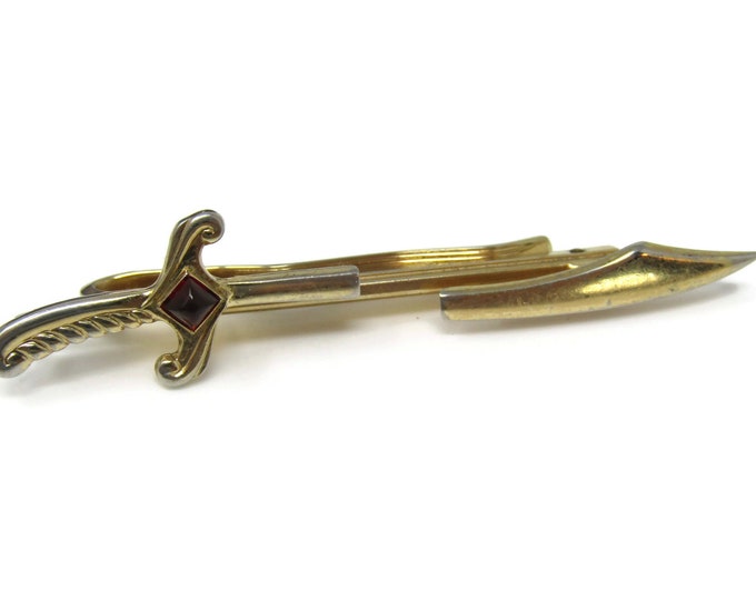 Sword Red Accent Adjustable Length Tie Clip Tie Bar: Vintage Gold Tone - Stand Out from the Crowd with Class