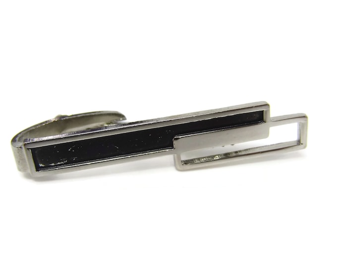 Vintage Tie Bar Clip: Modernist Black & Silver Tone Design Overlapping Rectangles