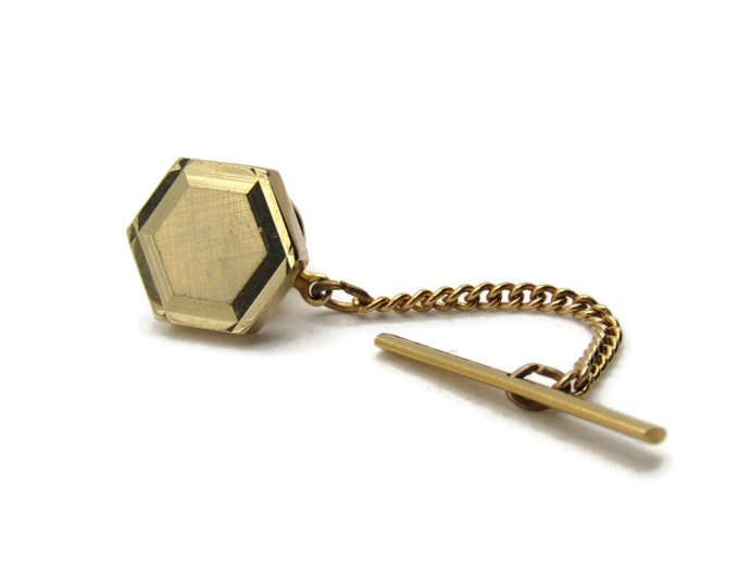 Polygon Tie Pin And Chain Etched Edging Men's Jewlery Gold Tone