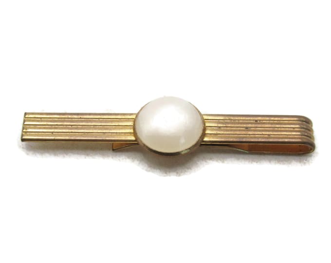 White Stone & Horizontal Lines Tie Clip Tie Bar Men's Jewelry Gold Tone