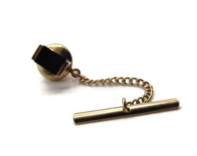 Black Rectangle Tie Pin And Chain Men's Jewelry Gold Tone