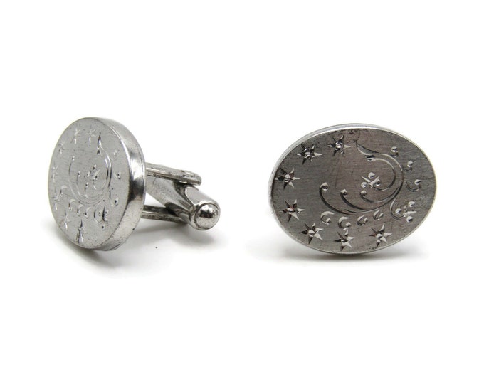 Etched Stars Motif Silver Tone Oval Cufflinks