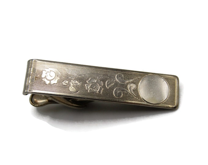 Floral Design Etched Modernist Gold Tone Tie Bar Tie Clip Men's Jewelry