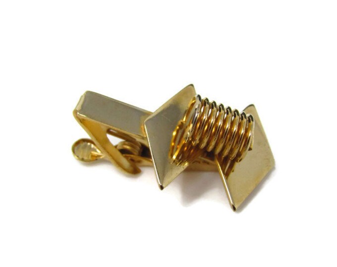 Vintage Tie Bar Tie Clip: Spring Center Double Diamond Shape Setting Industrial Design Gold Tone