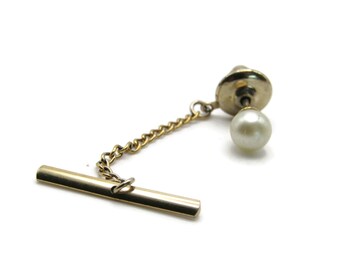 White Stone And Chain Tie Pin Men's Jewelry Gold Tone
