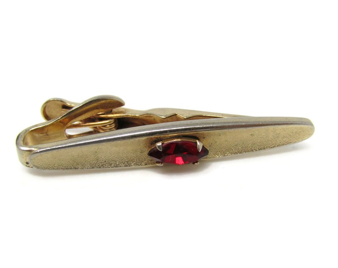Red Jewel Center Tie Bar Clip Vintage Men's Jewelry Gold Tone Nice Design