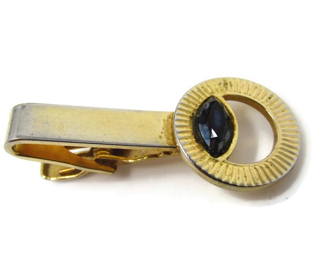 Vintage Tie Bar Clip: Modernist Ring Dark Jewel Design Gold Tone