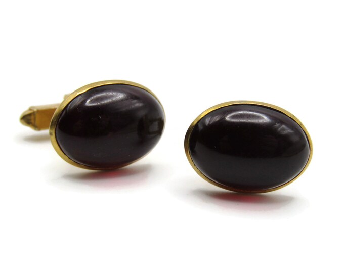 Vintage Cufflinks for Men: Deep Red Oval Stone Inlay Gold Tone
