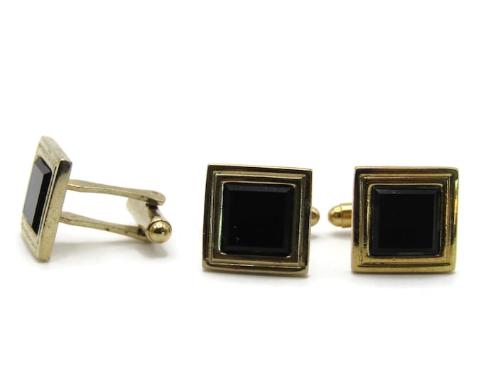 Black Square Stone Inlay Cuff Links Men's Jewelry Gold Tone