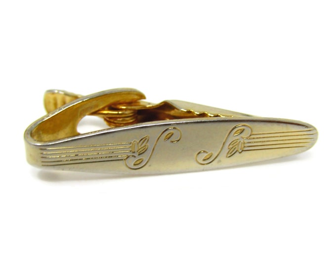 Stem & Flower Tie Clip Men's Vintage Tie Bar Gold Tone Nice Design