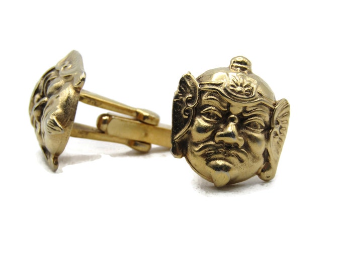 Abstract Faces & Helmet Cuff Links Gold Tone Men's Jewelry