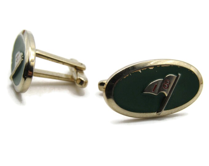 18 Numbered Flag Golf Green Oval Cuff Links Men's Jewelry Gold Tone