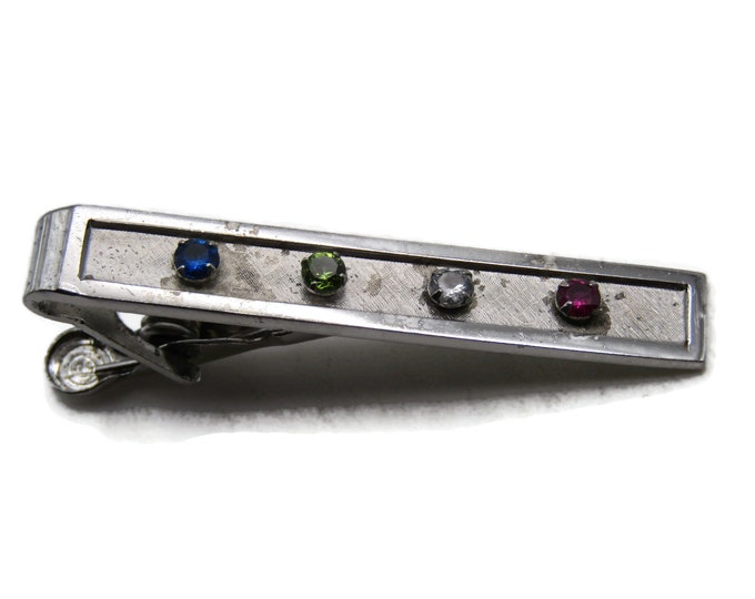 Multicolored Rhinestone Inlay Tie Bar Tie Clip Men's Jewelry Silver Tone