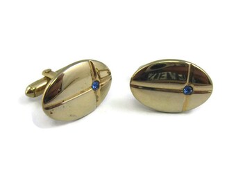 Vintage Cufflinks for Men: Lovely Blue Jewel Intersecting Lines Oval Gold Tone