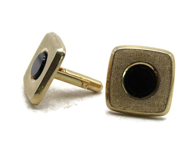 Black Circle Stone Textured Rectangle Cuff Links Gold Tone Men's Jewelry