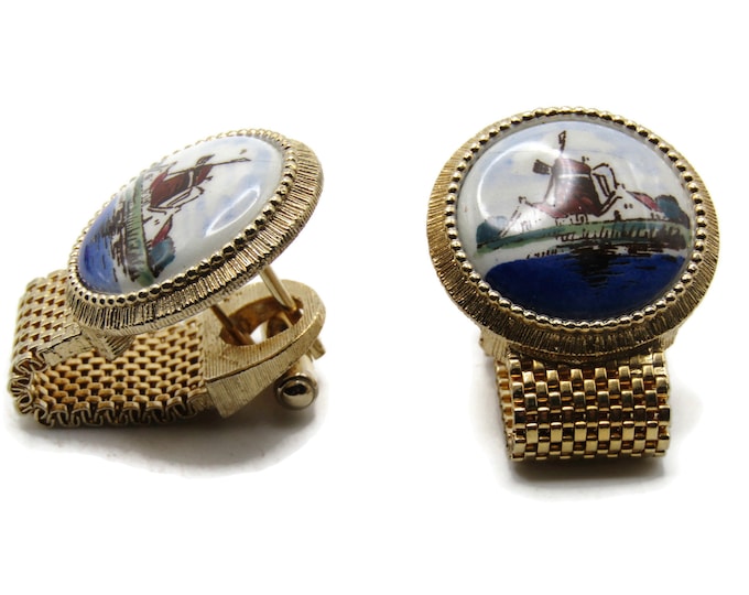 Houses And Windmill Stone Inlay Chain Cuff Links Men's Jewelry Gold Tone