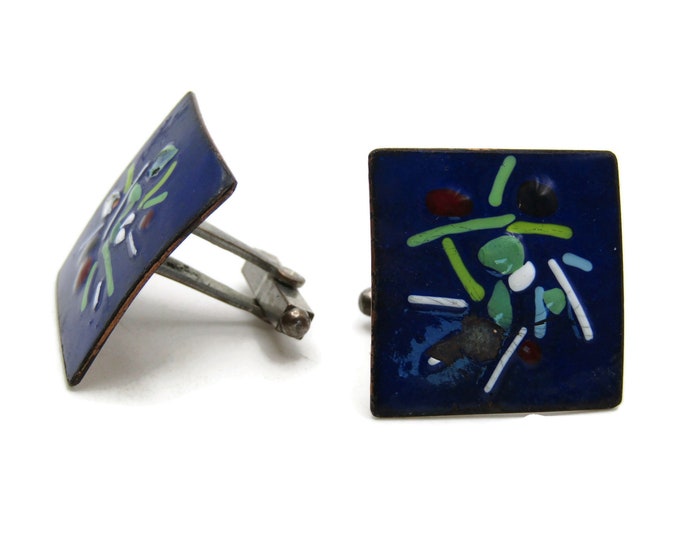 Blue Abstract Painted Square Cuff Links Men's Jewelry Gold Tone