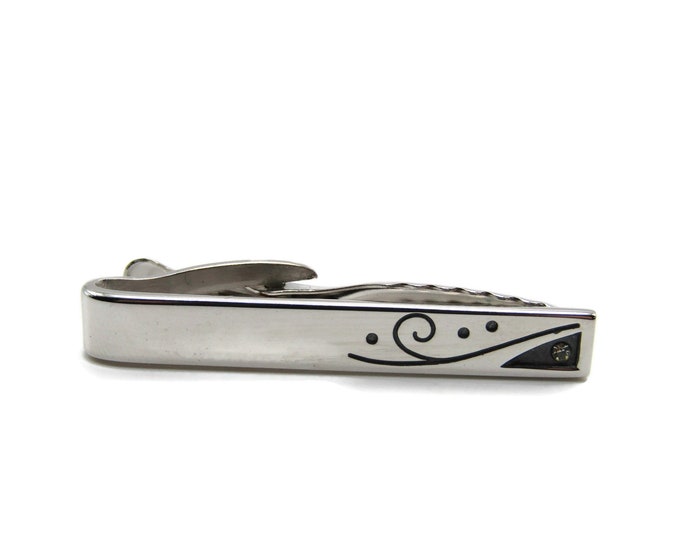 Rhinestone Inlay Etched Design Smooth Finish Silver Tone Industrial Style Tie Clip Tie Bar Men's Jewelry