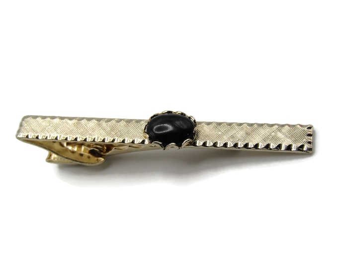 Black Stone Inlay Textured Finish Scalloped Edging Gold Tone Tie Bar Tie Clip Men's Jewelry