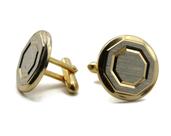 Etched Polygon Center Round Cuff Links Men's Jewelry Silver And Gold Tone