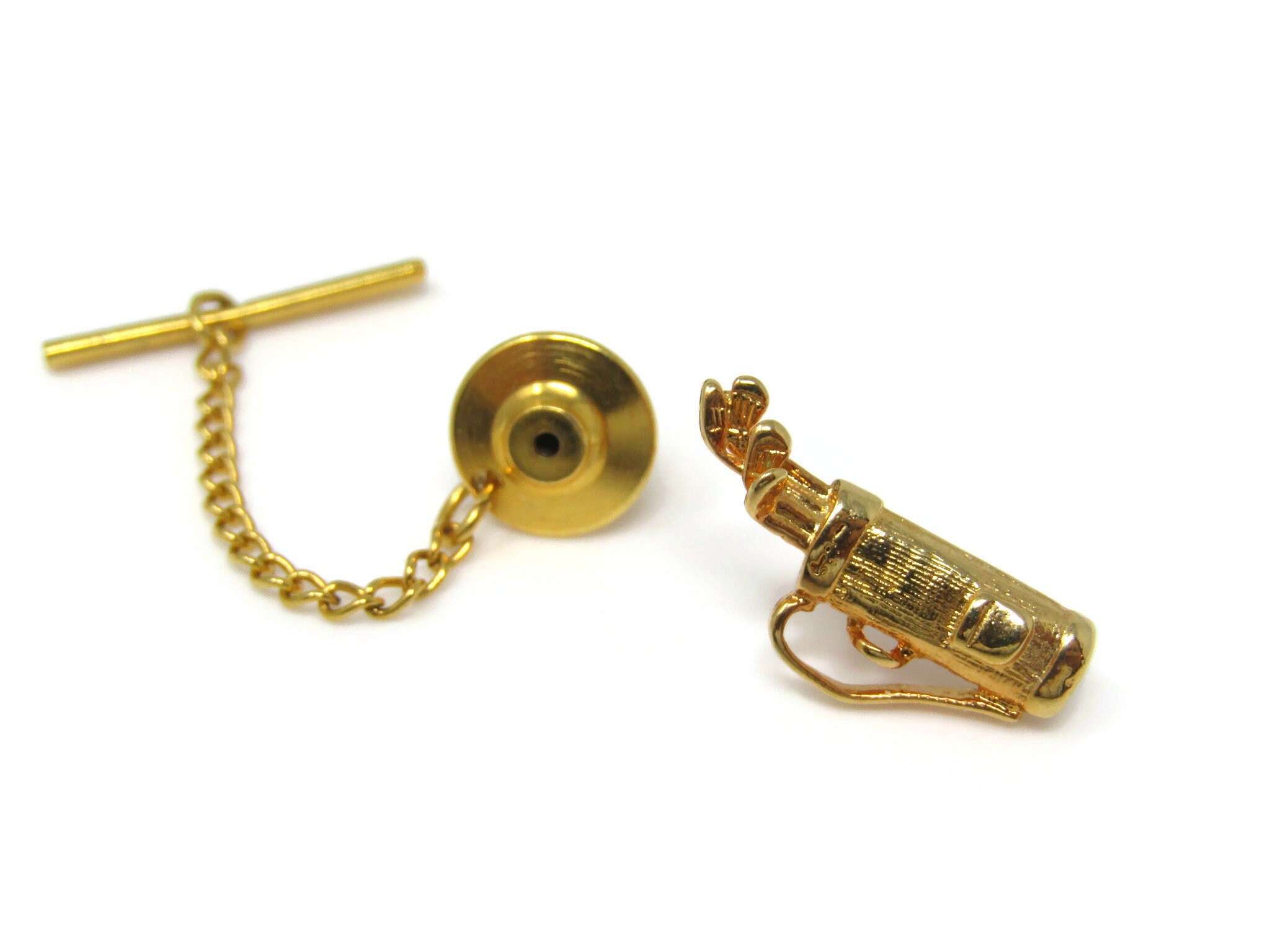 Golf Bag Golfer Men's Tie Pin Tie Tack: Vintage Gold Tone - Stand