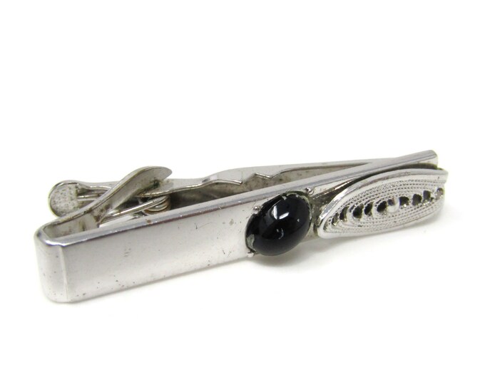 Black Center Leaf End Vintage Tie Bar Clip Silver Tone Stand Out w/ Style Fit In with Class